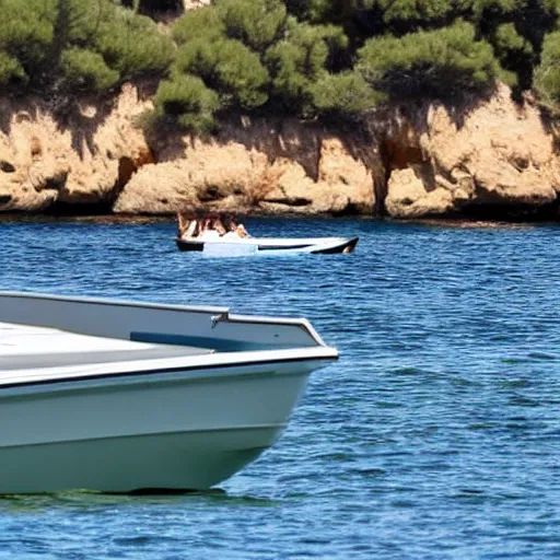 Prompt: distant shot of margot robbie in a boat at sa foradada mallorca