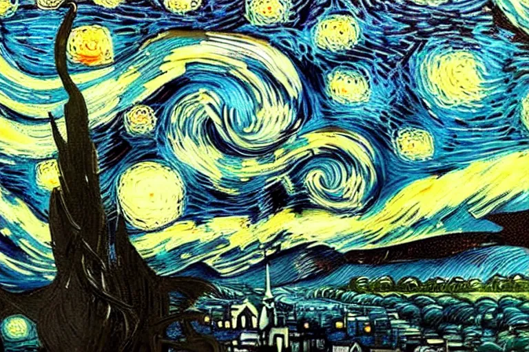 Image similar to man is seeing old god cthulhu terrifying the night sky of a city, epic scene oil painting hyper - detailed realistic dark - art painted by van gogh