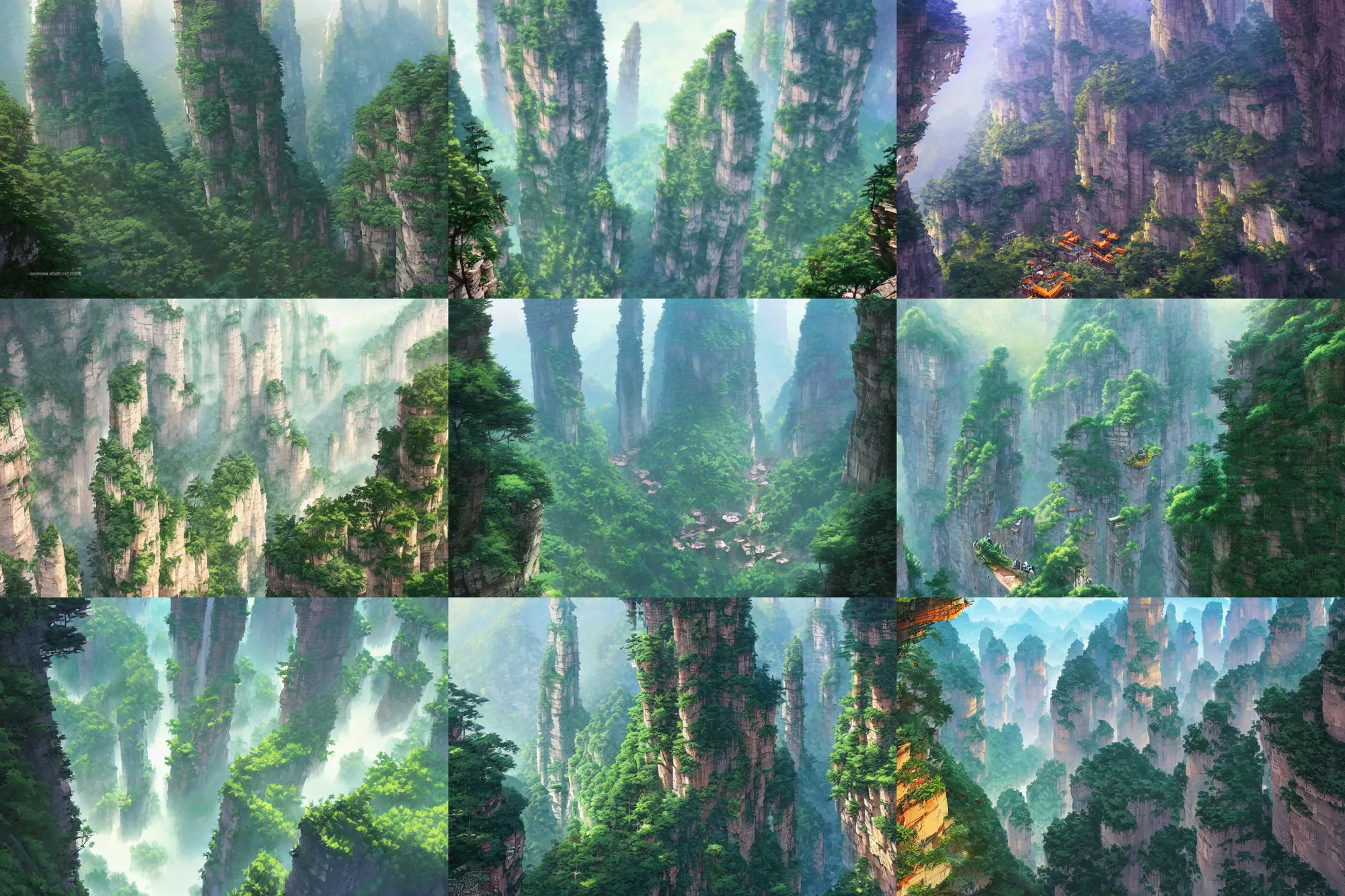Prompt: zhangjiajie national forest park, hyper detailed, digital painting, artstation, concept art, sharp focus, illustration, art by makoto shinkai and masamune shirow and wlop