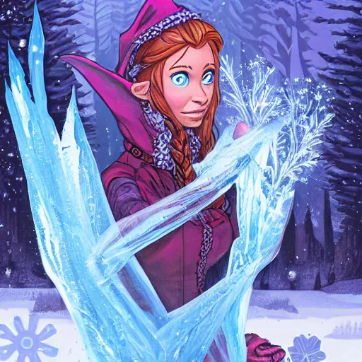 Prompt: dan mumford paint, a fantasy elf woman trapped and frozen trying to get out of a block of clear ice, with frozen flowers around her