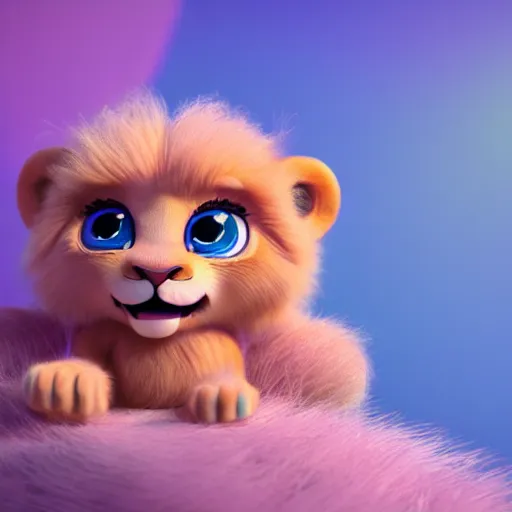 Image similar to a cute baby lion, big eyes, soft fur texture, pastel colours, colorful, glitter crystals, cute, pixar animation style, detailed, soft light, octane render, 4 kb - w 6 4 0