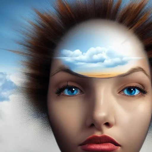 Prompt: a woman's head with clouds in the background, an airbrush painting by igor morski, behance contest winner, fantasy art, daz 3 d, behance hd, airbrush art