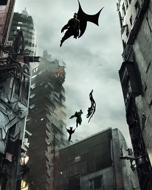 Image similar to epic action still of baby yoda wearing batman outfit as batman hanging upside - down from building in atmospheric alleyway in the style of batman the dark knight rises