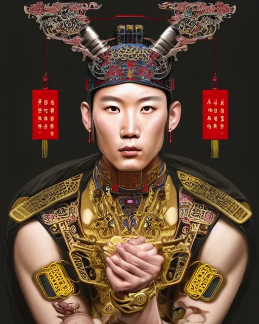 Image similar to portrait of a chinese masculine male cyberpunk machine, machine face, upper half portrait, decorated with chinese opera motifs, muscular, asian, fine china, wuxia, traditional chinese art intricate intense elegant 京 剧 highly detailed symmetry headpiece digital painting artstation concept art smooth sharp focus illustration, art by artgerm and greg rutkowski alphonse mucha 8 k