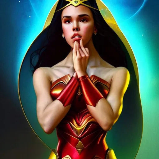 Image similar to catriona gray as darna, volumetric lights, red and cyan theme, art nouveau botanicals, intricate, highly detailed, digital painting, artstation, concept art, smooth, sharp focus, cinematic, illustration, beautiful face, art by artgerm and greg rutkowski and alphonse mucha