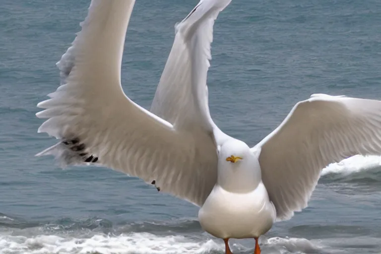 Prompt: giant seagull with human arms, extremely realistic, extremely detailed