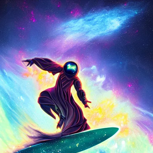 Image similar to armored sorcerer surfing on a nebula, rich epic dynamic artwork