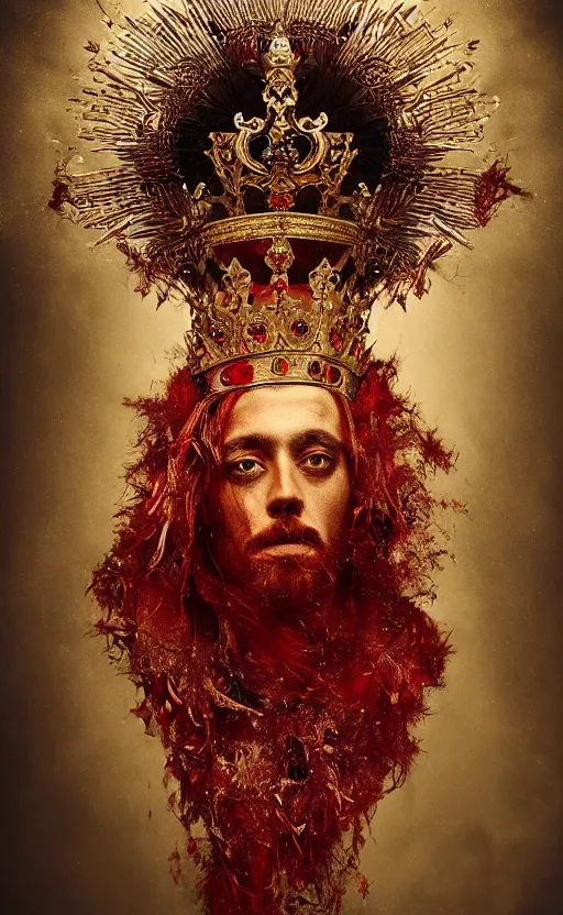 Image similar to 'Portrait of Crowned King Arthur' by Lee Jeffries royally decorated, whirling plasma, atmospheric motes, red and gold Sumptuous garb, gilt silk fabric, radiant colors, fantasy, perfect lighting, studio lit, micro details,