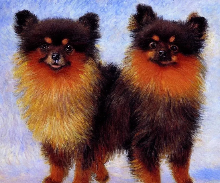 Image similar to brown and black pomeranian, cute, monet, oil painting