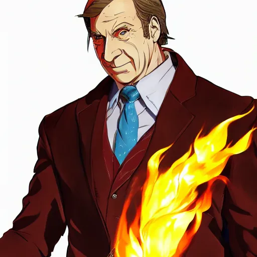 Image similar to portrait of saul goodman wielding the element of transmutation magecraft, fire and water, anime fantasy illustration by tomoyuki yamasaki, kyoto studio, madhouse, ufotable, trending on artstation