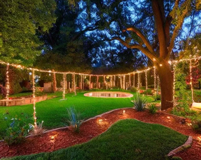 Prompt: a beautiful residential backyard with a pool, mature trees, and lots of shade lit by hanging strands of lights at night.