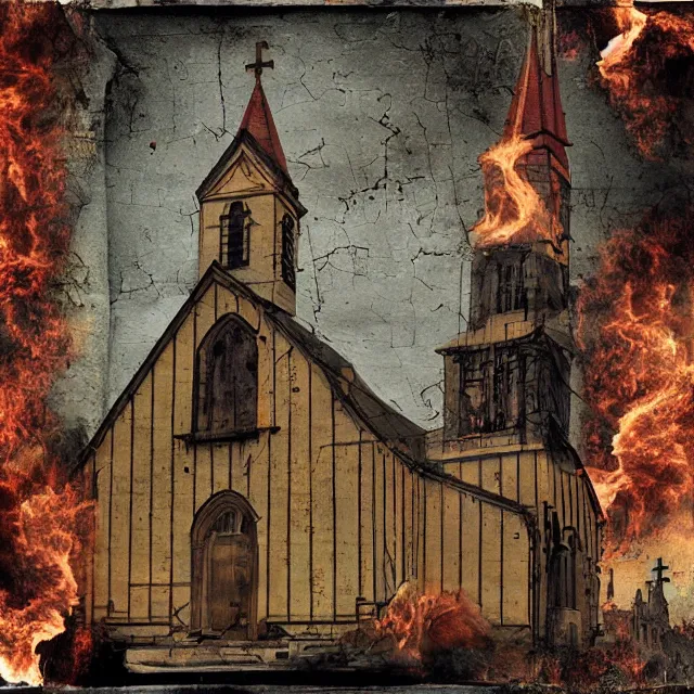 Prompt: burning church vintage, surrealistic collage art