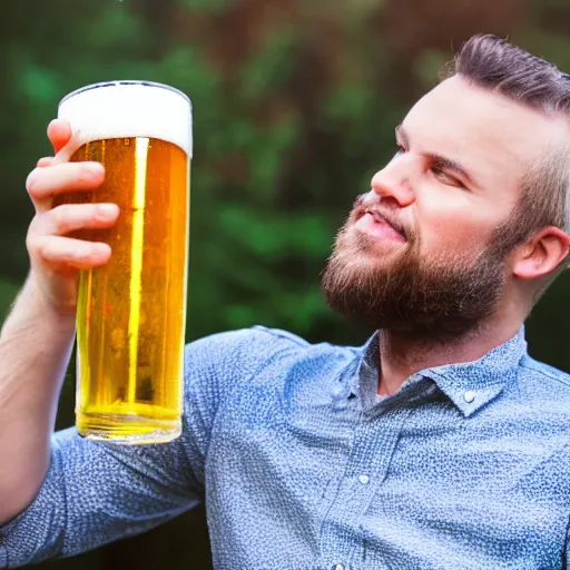 Prompt: man drinking beer out of a very very tall glass