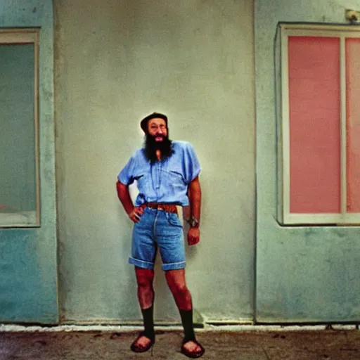 Image similar to fidel castro wearing denim shorts, full body portrait, 3 5 mm film, clear face, by nan goldin