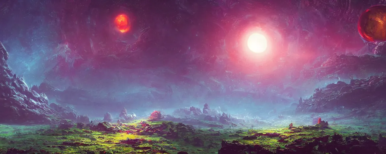 Image similar to ” outer planet landscape, [ cinematic, detailed, epic, widescreen, opening, establishing, mattepainting, photorealistic, realistic textures, octane render, art by paul lehr ] ”