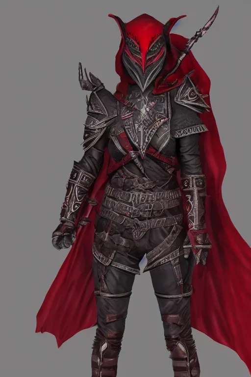 Image similar to female adventurer in tight full - body ebony leather armor of dunmer design with dark red cloth underneath and with a red porcelain crow mask, trending in artstation, establishing shot