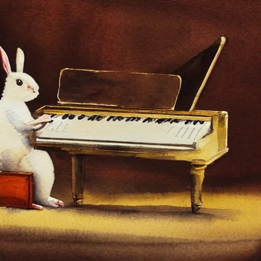 Image similar to a rabbit playing on a white grand piano inside a concert hall, realistic watercolour