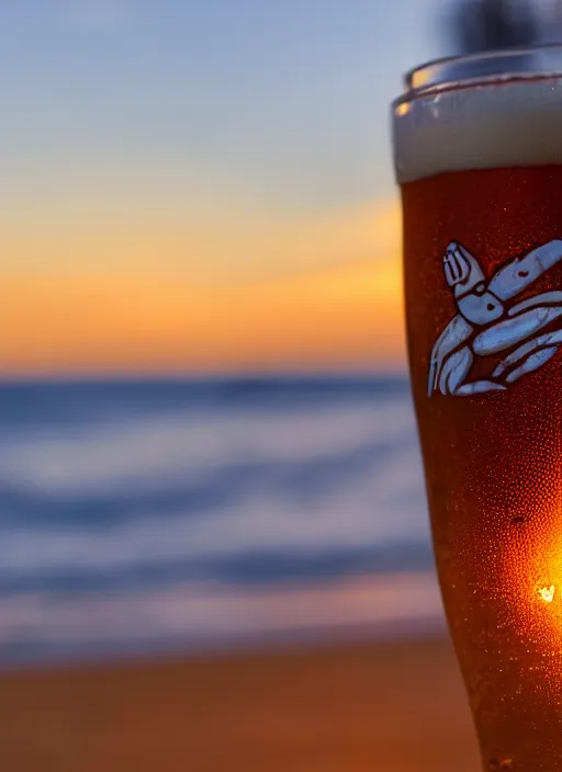 Image similar to a happy crab holding a beer in a beach, golden hour, bokeh, 4k