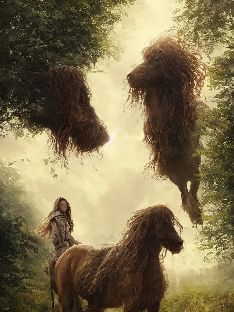 Image similar to a solarpunk portrait of a gorgeous Clydesdale horse with its human owner in the movie Annihilation, with mutated trees and fractal sunlight, award-winning, masterpiece, in the style of Tom Bagshaw, Cedric Peyravernay, Peter Mohrbacher