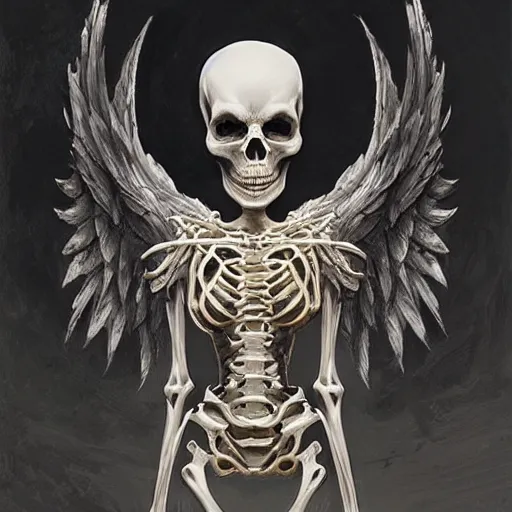 Image similar to white and gold skeleton with angel wings, dark, intricate, highly detailed, smooth, artstation, digital illustration by Ruan Jia and Mandy Jurgens and Artgerm and Wayne Barlowe and Greg Rutkowski and Frank Frazetta