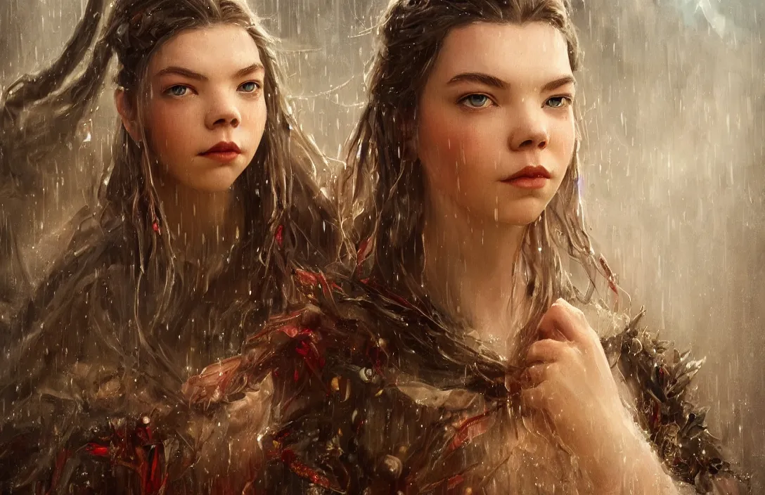 Prompt: a realistic detail portrait of a beautiful queen look like Anya taylor-joy in middle earth, raining, thunder, magic, dragon, oil painting by Julian calle, wlop, greg rutkowski, Finnian MacManus, Trending on artstation, red and yellow scheme, 8k, RE Engine