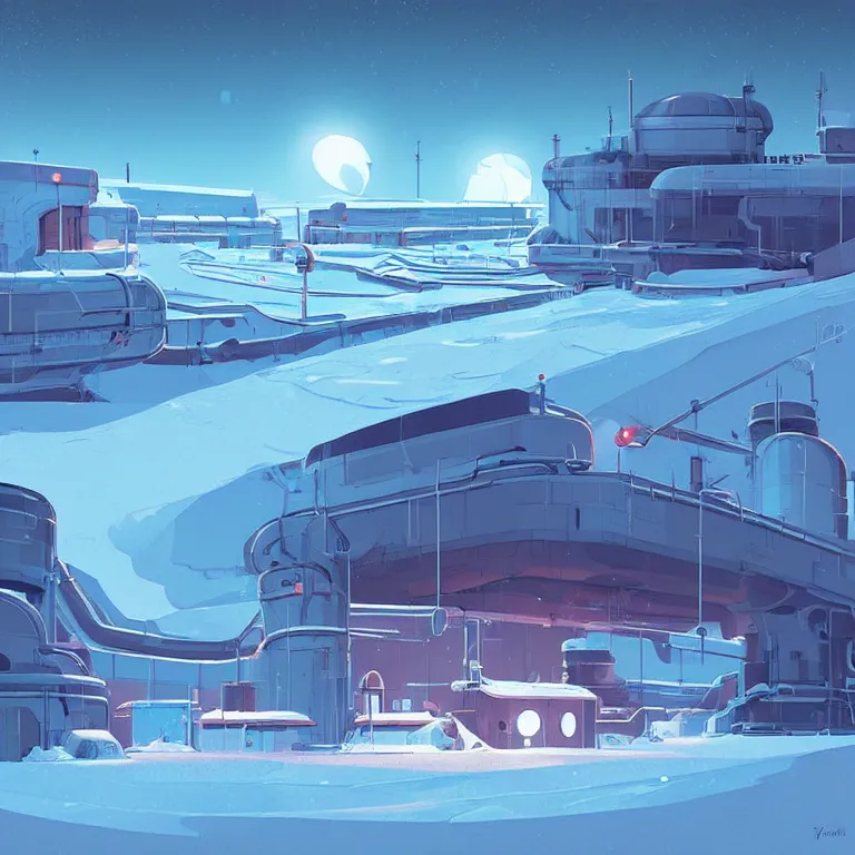 Image similar to A scientific base in north pole, cold, snowy, art by James Gilleard, James Gilleard artwork