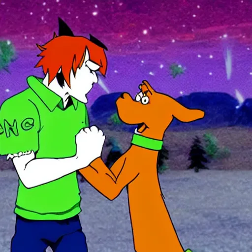 Image similar to scooby fighting shaggy, epic anime battle