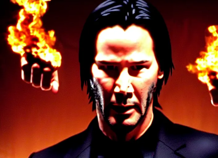 Image similar to Movie still of Keanu Reeves as Neo in The Matrix movie doing a thumb up to the camera in front on burning servers, servers in flames in the background, doing a thumb up, The Matrix servers on fire, Keanu Reeves thumb up, Neo thumb up, doing a thumb up, thumb up, uncropped, full body, crispy, symmetrical face, ultra detailed, cinematic, thumb up, double thumb up to the camera