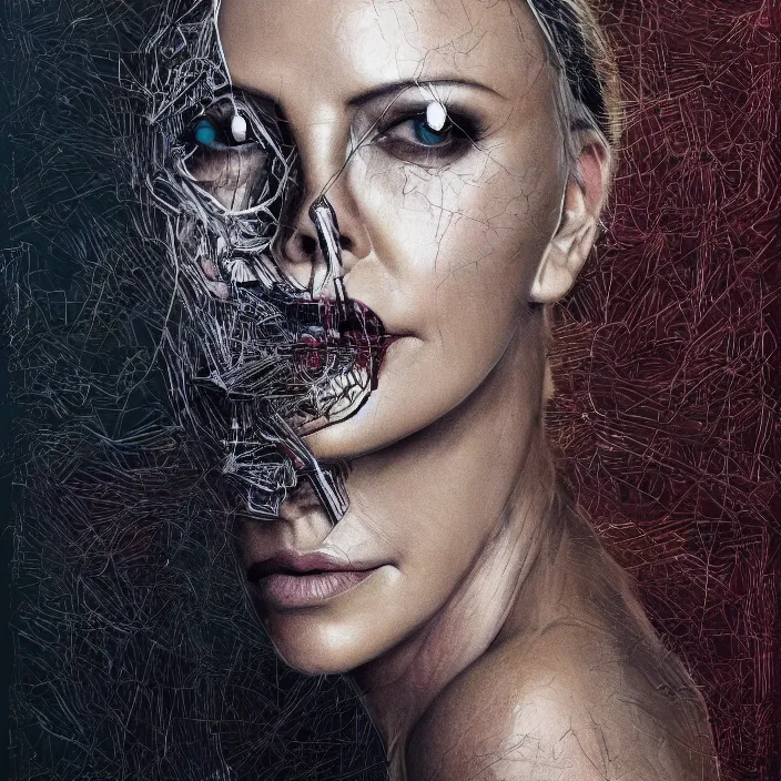 Prompt: portrait of charlize theron as a skull in a suit. intricate abstract. intricate artwork. nightmare fuel. by Tooth Wu, wlop, beeple, dan mumford. octane render, trending on artstation, greg rutkowski very coherent symmetrical artwork. cinematic, hyper realism, high detail, octane render, 8k, iridescent accents