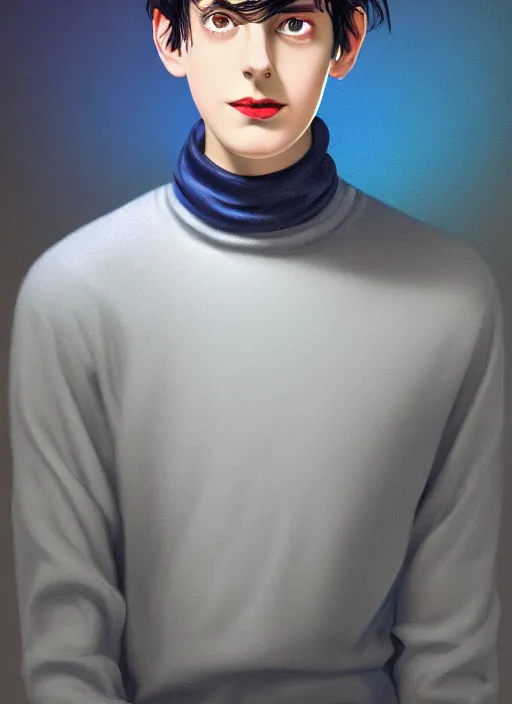 Image similar to portrait of teenage jughead jones wearing a light grey crown, crown, blue turtleneck, 1 9 5 0 s, closed eyes, photorealistic, black hair, glowing lighting, intricate, elegant, glowing lights, highly detailed, digital painting, artstation, concept art, smooth, sharp focus, illustration, art by wlop, mars ravelo and greg rutkowski