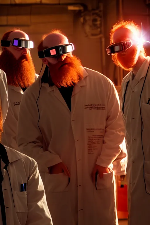 Image similar to a person with 3 eyes, person with a 3rd eye in the middle of their forehead, an awkwardly tall scientist with 3 eyes and a tangled beard and unruly red hair atop his balding head wearing a labcoat and welding goggles and holding a beaker, high resolution film still, movie by Ivan Reitman