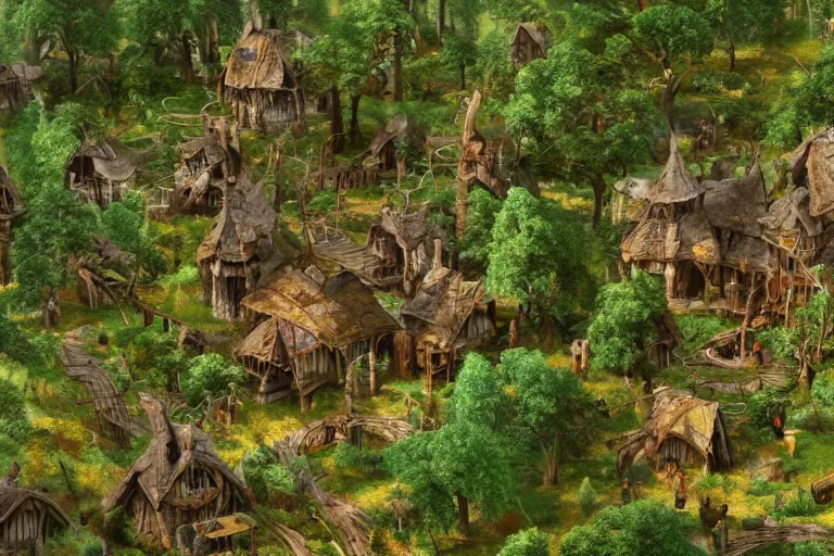 Image similar to a wood elf village suspended high in the redwood tree canopy, fantasy setting, dense vegetation, very detailed, d & d concept art, 4 k