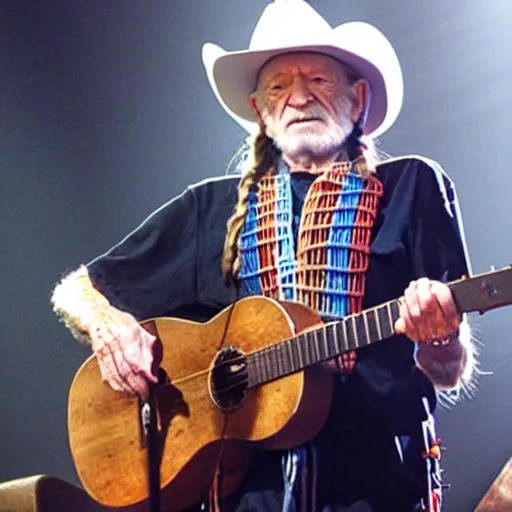 Image similar to willie nelson on stage, four fingers holding guitar. god rays through fog.