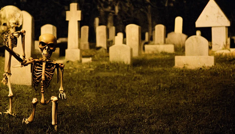 Image similar to 7 0 s film still from a horror movie about a skeleton dancing in a cemetery at night, kodachrome, cinecolor, cinestill, film grain, film texture, retro, cinematic, high resolution, photorealism,