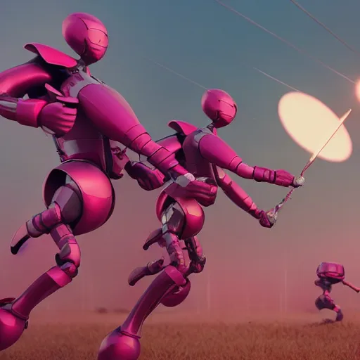 Image similar to a woman battles pink robots, octane render, cgsociety, detailed