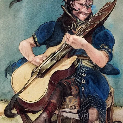 Prompt: D&D character portrait tiefling bard in a tavern playing a song but bad by josh kirby