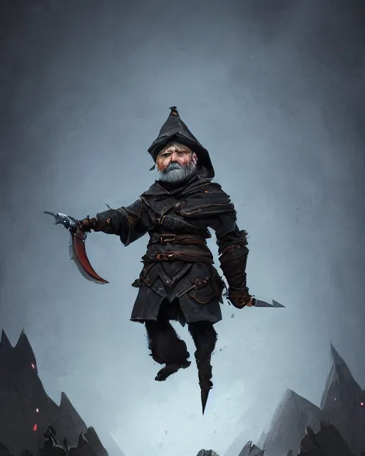 Prompt: A head and shoulder portrait of a DnD deep gnome rogue with two daggers at his waist and he is wearing a black hood by Greg Rutkowski, Sung Choi, Mitchell Mohrhauser, Maciej Kuciara, Johnson Ting, Maxim Verehin, Peter Konig, final fantasy, 8k photorealistic, cinematic lighting, HD, high details, dramatic, epic atmosphere, trending on artstation