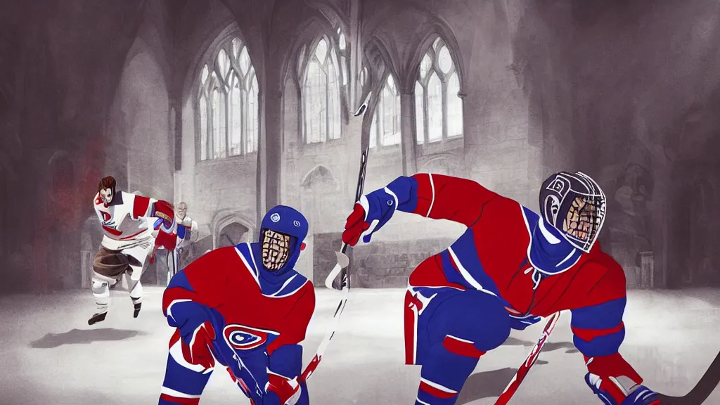 Prompt: A fantasy comic book style portrait painting of the ghost of Guy Lafleur and other Habs Legends playing hockey in a stunning cathedral arena in heaven, unreal 5, DAZ, hyperrealistic, octane render, RPG portrait, dynamic lighting