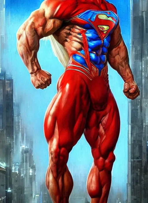 Image similar to portrait of crossfit bodybuilder fitness muscular superman!, futuristic detailed ornate cyberpunk costume!, red and blue costume!!, pale skin!, no logo!!!, painted art by tsuyoshi nagano, greg rutkowski, artgerm, alphonse mucha, spike painting