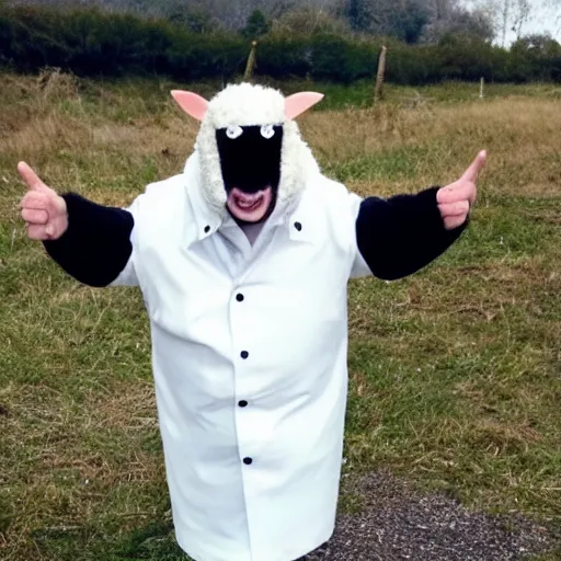 Image similar to a sheep dressed up as gordon ramsay, realistic.