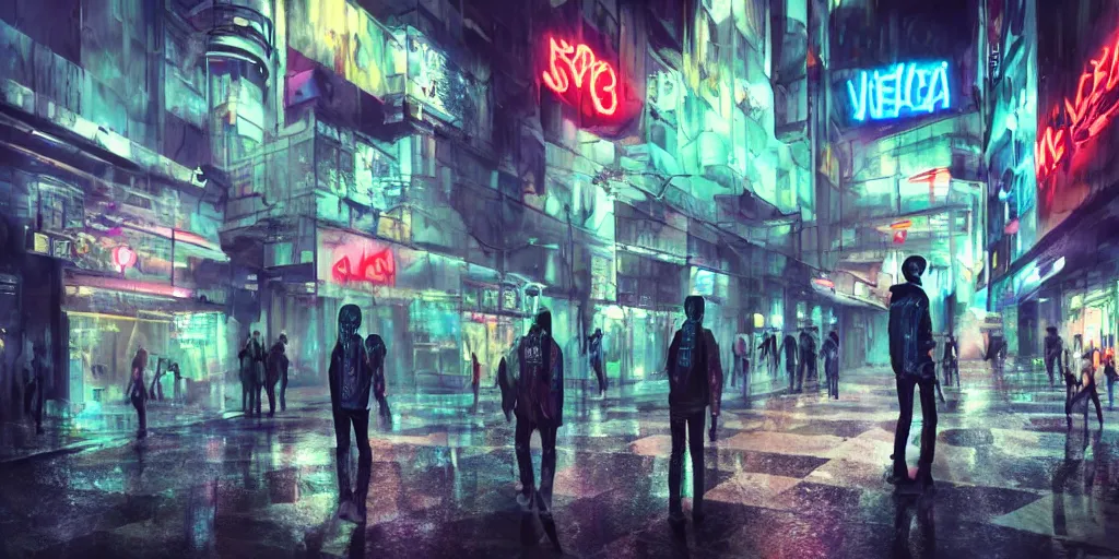 Image similar to teenagers with tech clothing and hoods and futuristic gas masks painting graffitis about chess pawns on the walls of a dystopian city, neon lights, sci - fi, night lights, rain and haze, concept art, intricate, photorealistic, in the style of katsuhiro otomo, akira, octane render, rtx, hdr, unreal engine