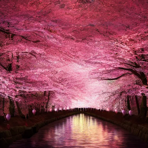 Image similar to photorealistic beautiful cherry blossom forest with paper lanterns illuminating the stone pathway. hyperdetailed photorealism, 1 0 8 megapixels, river, amazing depth, glowing rich colors, powerful imagery, psychedelic overtones, 3 d finalrender, 3 d shading, cinematic lighting, artstation concept art