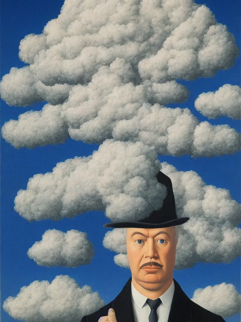 Image similar to portrait of a cloud man by rene magritte, detailed painting, hd, hq, high resolution, high detail, 4 k, 8 k