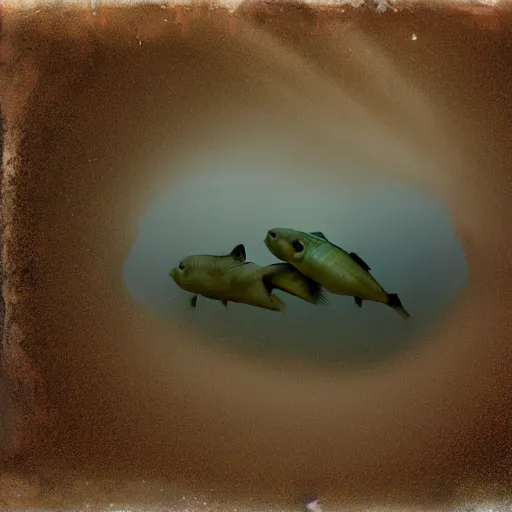 Prompt: film photography of a three headed fish swimming through cloudy fog by Kim Keever, low shutter speed, 35mm