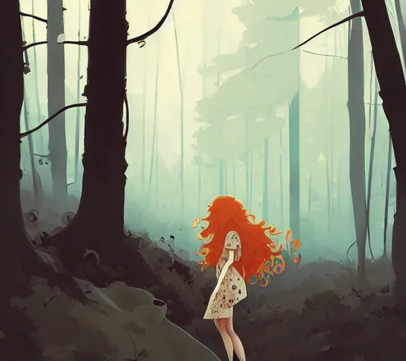 Image similar to portrait woman with long ginger curly hair in the woods, by atey ghailan, by greg rutkowski, by greg tocchini, by james gilleard, by joe fenton, by kaethe butcher, by ashley wood, dynamic lighting, gradient light blue, brown, blonde cream and white color scheme, grunge aesthetic