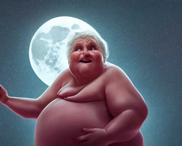 Prompt: of a very beautiful scene. ambient occlusion render. a sweet fat old woman is giving birth to the moon. hyper realistic. 4 k. wide angle. wild. symmetrical face, red mouth, blue eyes. deep focus, lovely scene. ambient occlusion render. concept art. unreal engine.