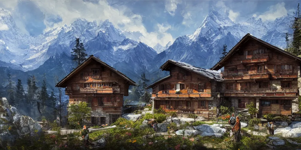 Prompt: A Swiss house in the mountains as Far Cry 4 concept art, spring season, beautiful, gorgeous buildings, oil painting, painting by Viktor Vasnetsov, concept art, fantasy landscape, swiss architecture, painting by Ivan Shishkin, hyperborea, high resolution, trending on artstation,