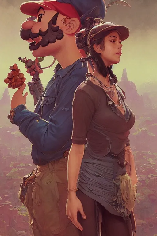 Prompt: Mario and his wife from Nintendo, disco elysium, highly detailed, digital painting, artstation, concept art, smooth, sharp focus, illustration, art by artgerm and greg rutkowski and alphonse mucha and Wayne Barlowe and Zdislav Beksinski and Francis Bacon