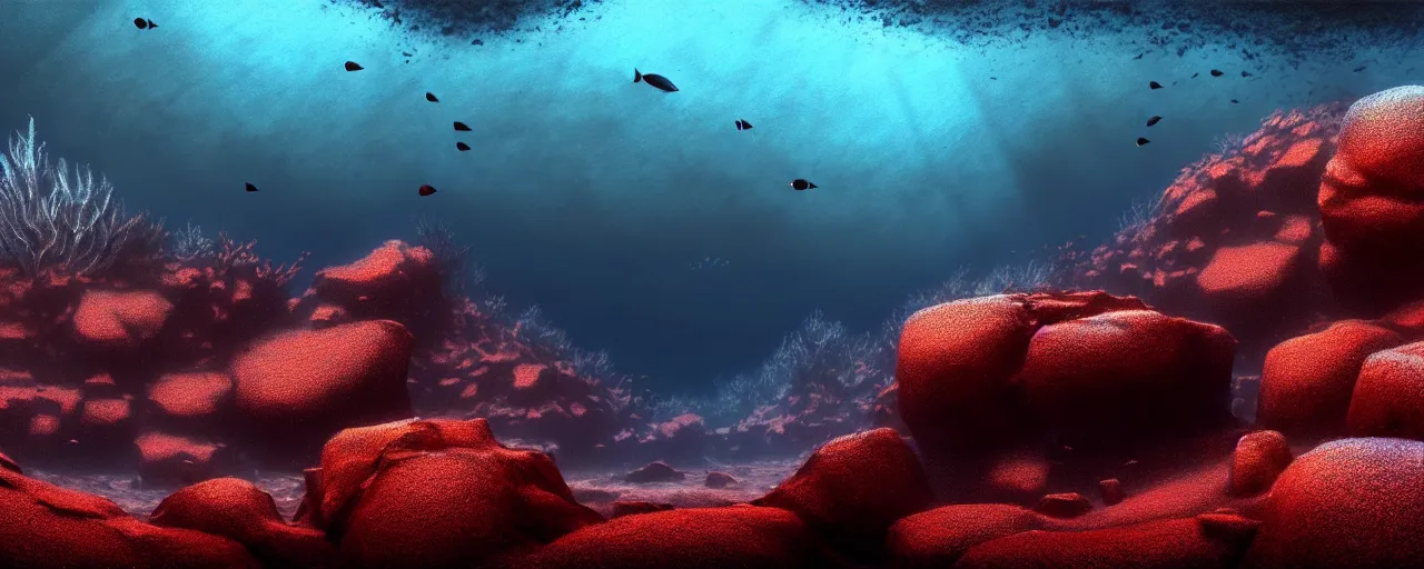 Image similar to A gorgeous detailed oil of a dark red sea covered in big blue steep rocks, a school of piranhas underwater, the further away the mistier it gets, surreal, concept art, dark aesthetic, atmospheric, moody, hyperrealism, highly detailed, masterpiece, award winning, 4k, unreal engine, ray tracing