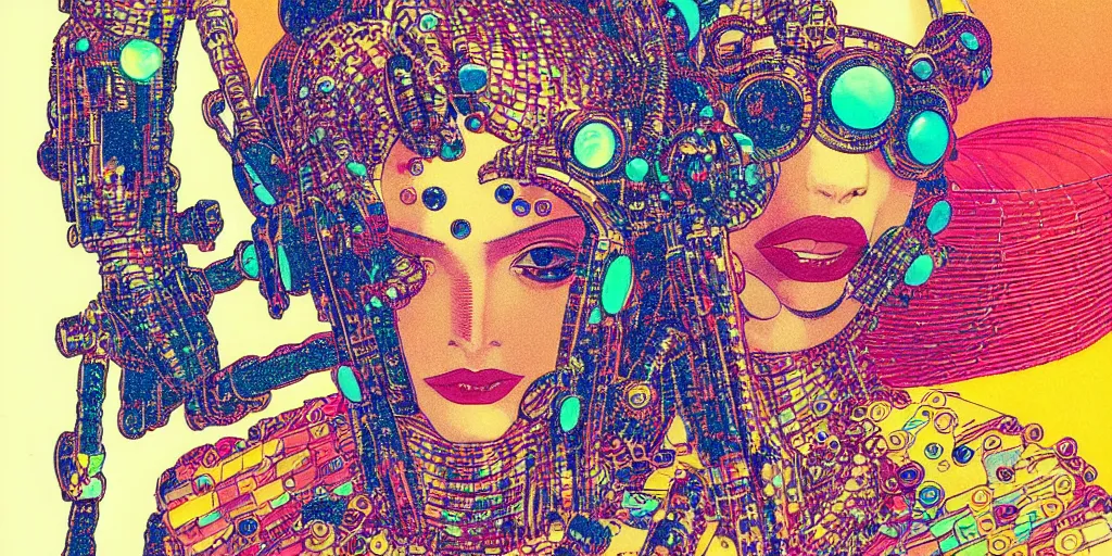 Image similar to risograph grainy drawing vintage sci - fi, satoshi kon color palette, gigantic beautiful bejeweled armored woman full - body covered in colourful gems, 1 9 6 0, kodak, metal wires, natural colors, codex seraphinianus painting by moebius and satoshi kon and alberto mielgoб extreme close - up portrait